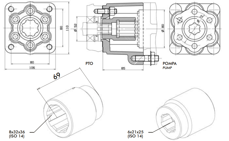 Переходник PTO UNI 3-H — PUMP ISO 4-H